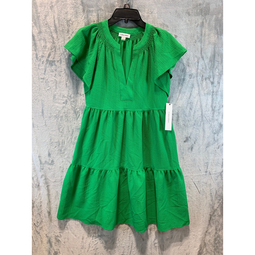 Calvin Klein Green Seersucker Tiered Mini Dress CD5E2P5J Womens 6 NEW Pockets